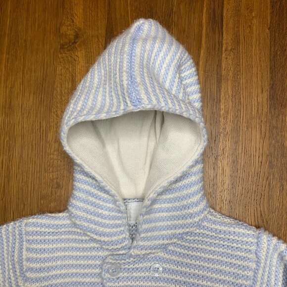 NEXT Knitted Baby Cardigan 12-18 Mos Hooded Blue Stripes Double Breasted Sweater - Picture 3 of 8